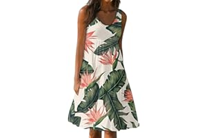 GENERIC Casual Dresses for Women,Womens Hawaiian Print Crewneck Sleeveless Summer Dresses Flowy Tank Dresses with Pockets