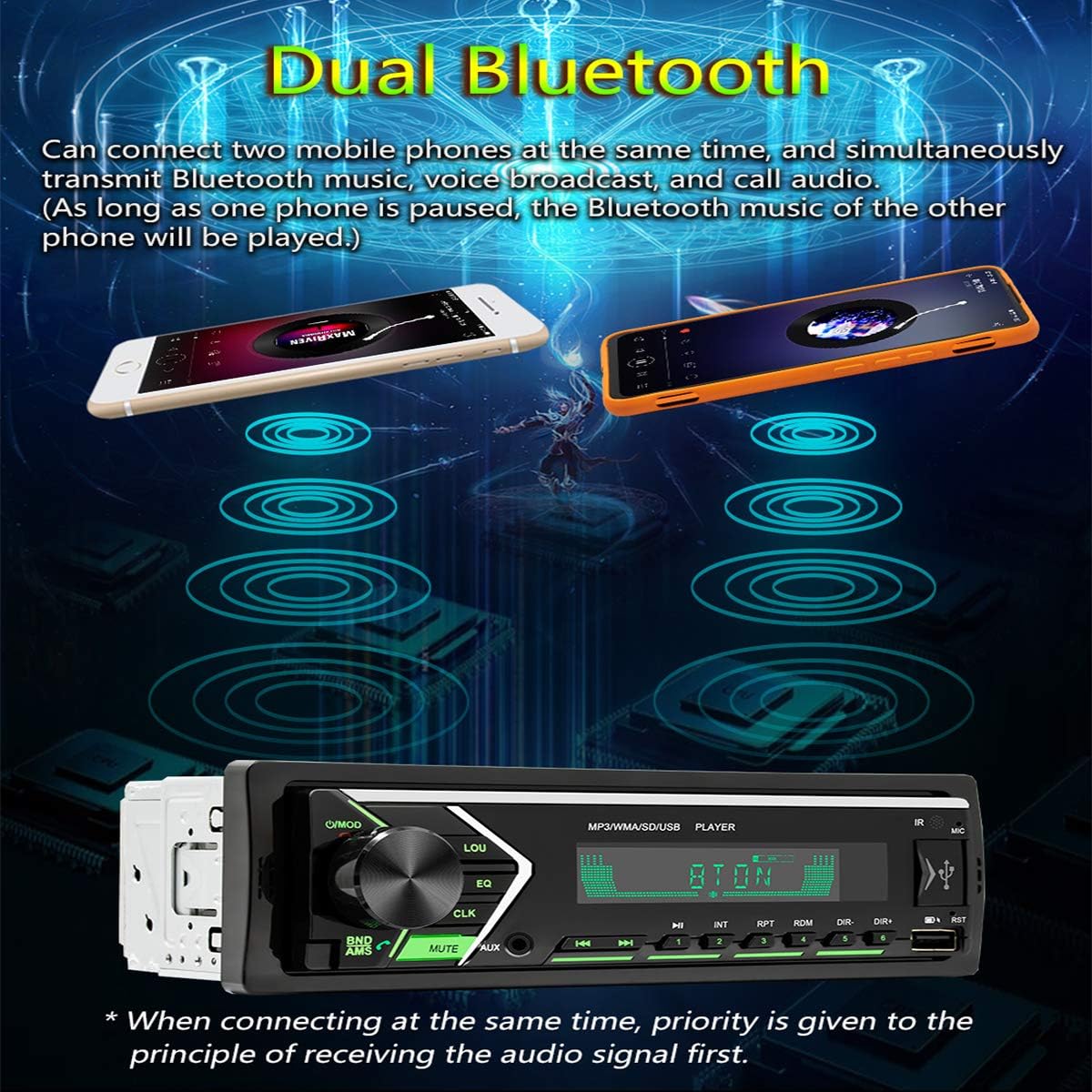 Single Din Car Stereo Receiver with Dual Bluetooth Audio, and Hands-Free Calling,FM Radio Receiver,Built-in Microphone,USB/TF Card/Aux-in Wireless Remote Control with 7 Color Backlight: Automotive