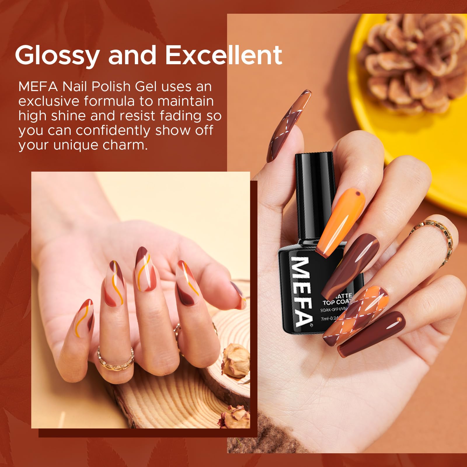 MEFA Gel Nail Polish Set, 12 Color Red Brown Gold Glitter Nail Polish Kit Soak Off Pumpkin Bronze Nail Art Decorations DIY Home Salon Design Manicure Gifts for Women Girls - Image 2