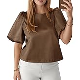 Tankaneo Womens Satin Silk Blouses Puff Short Sleeve Dressy Casual Tops Loose Fit Crew Neck Cropped Shirts