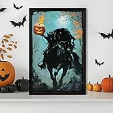 Halloween Decor Wall Art,Headless Horseman with Jack O'Lantern Art Poster,Dark Gothic Wooden Painting,Legend Sleepy Hollow Inspired Halloween Samhain Poster Painting