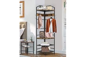Recaceik Corner Hall Tree Coat Rack with 6 Double Hooks, Wood Home Organizer Shoe Bench Shelf for Entryway, Hallway, Closet, Rustic Brown