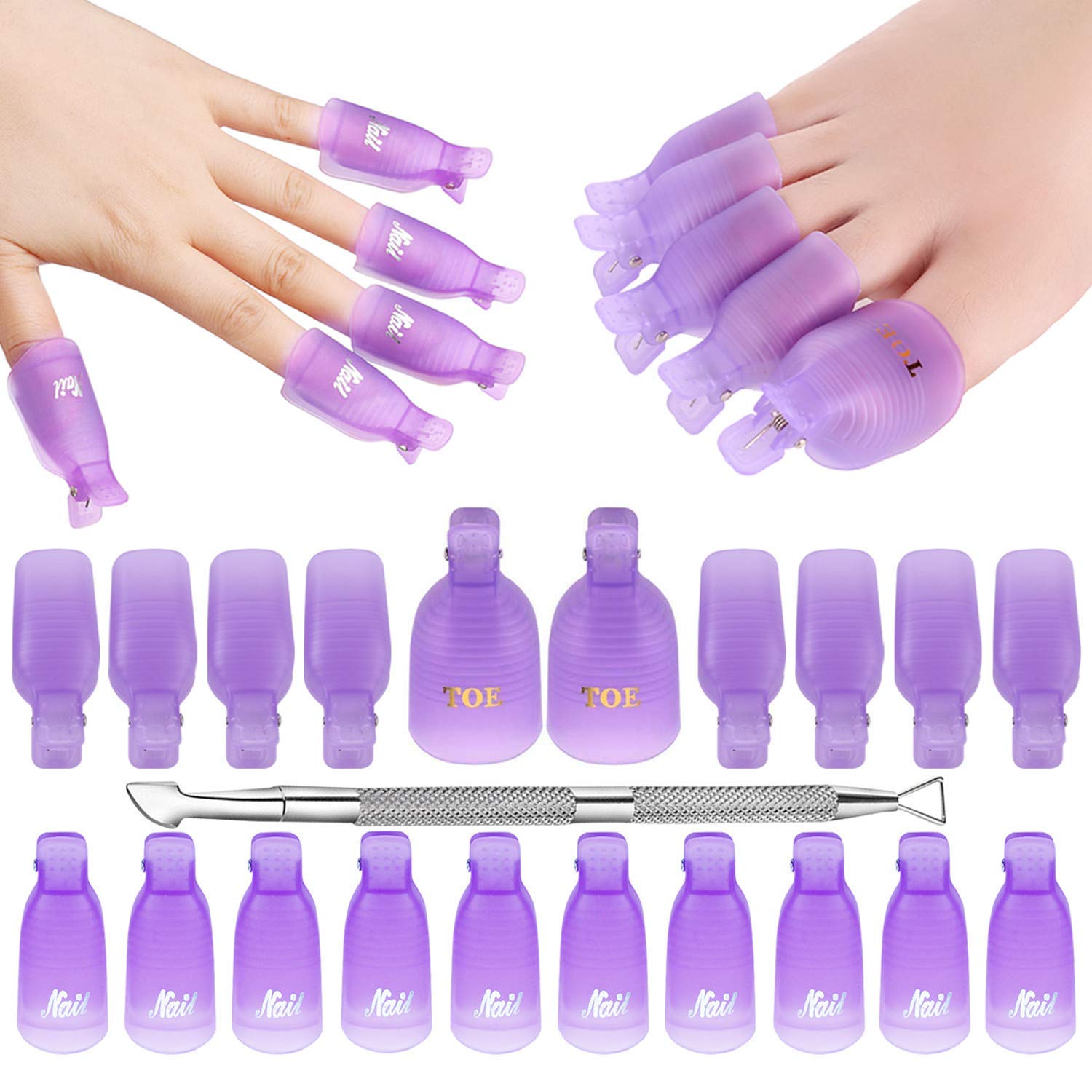 Makartt Nail Polish Remover Kit - 20pcs Acrylic Nail Clips for Removing Gel Polish with Cuticle Pusher, Nails Art Gel Cap Soak Off Clip UV Acrylic Cuticle Remover Kit