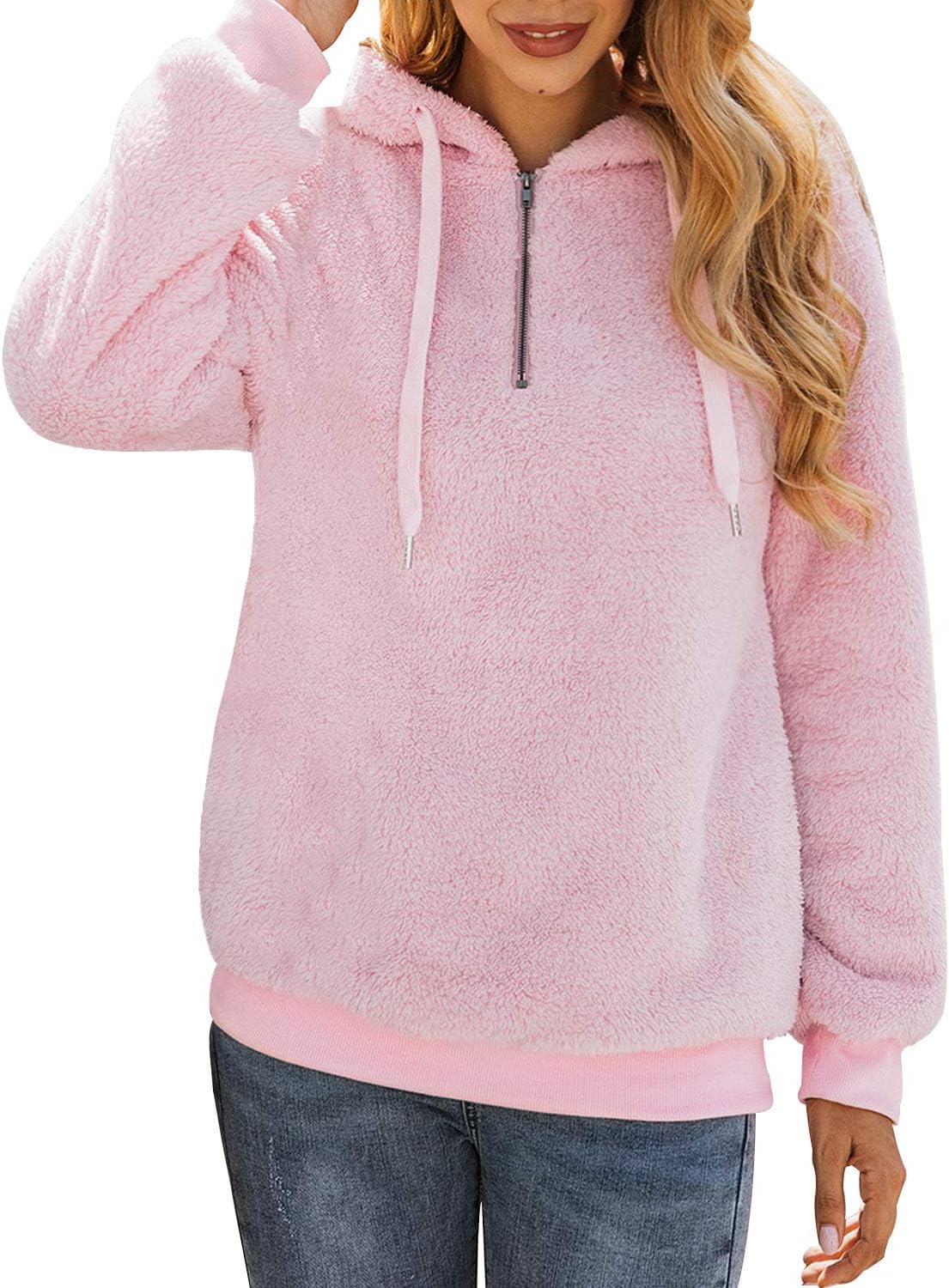Women's Baggy Fluffy Pullover Hoodie with 1/4 Zipper and Drawstring for Winter Ladies Long Sleeves Sweatshirt Soft Tops Teddy Fleece