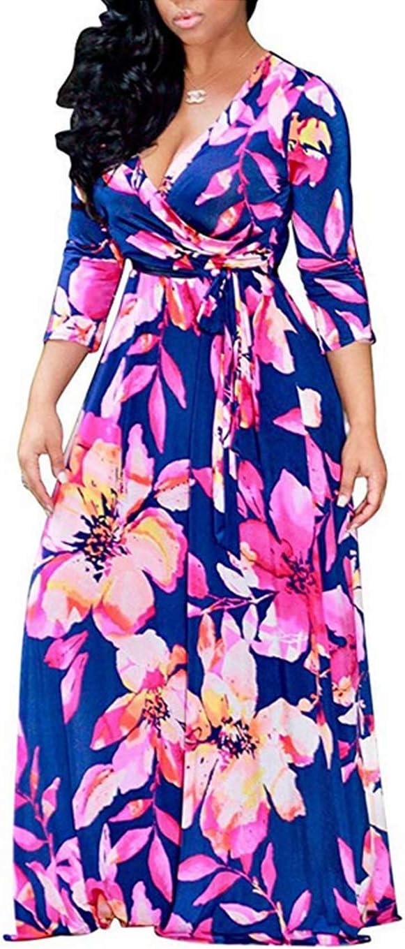 LocryzWomen's V Neck 3/4 Sleeve African Floral Printed Party Loose Long Maxi Dress with Belt S-3XL