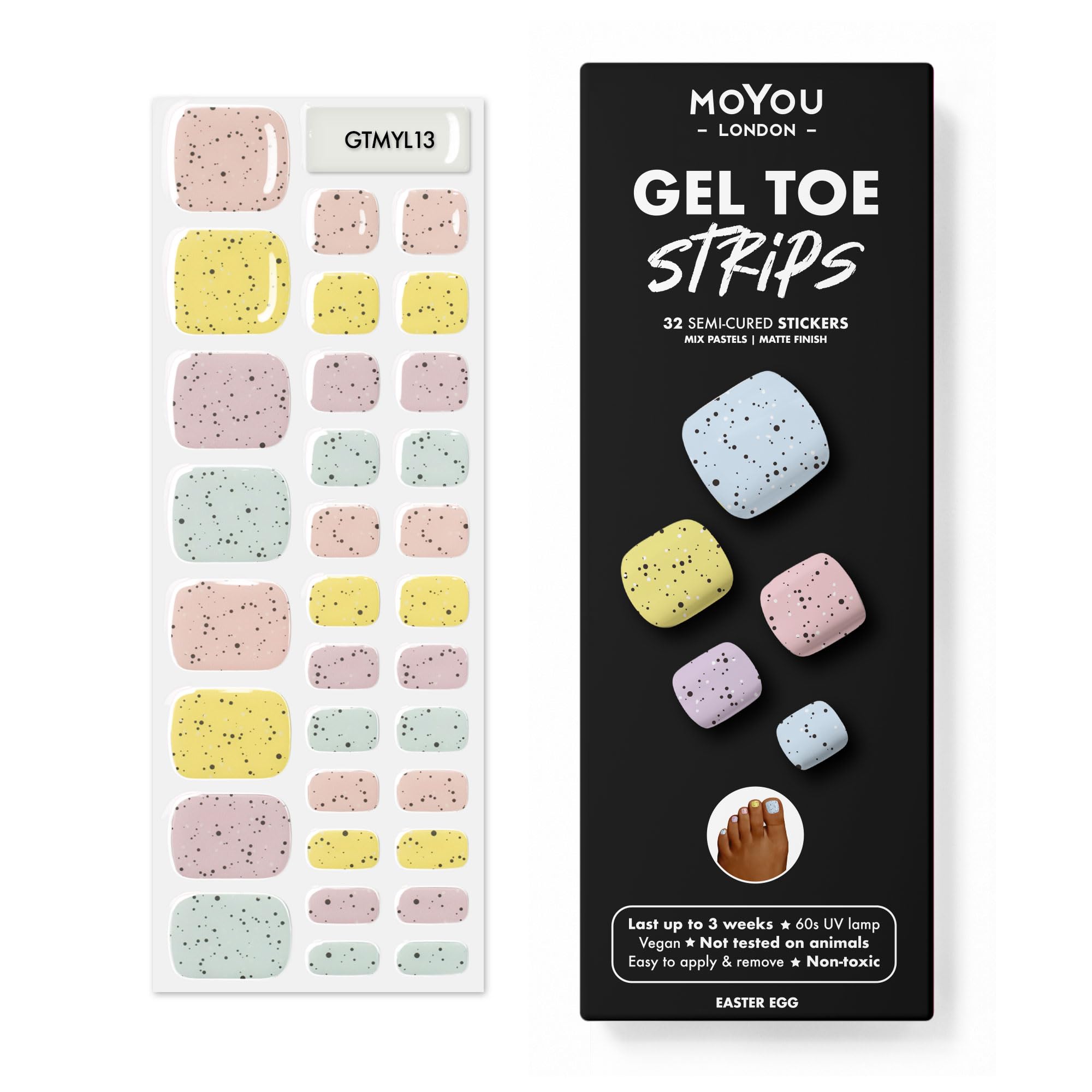 MOYOU LONDON Semi Cured Gel Nail Strips - 32 Pcs. Waterproof Toe Gel Nail Wraps, Cures in Sunlight or UV/LED Lamp, Lasts Up to 2+ Weeks, Stretchable, Easy to Apply & Remove, Vegan & Cruelty-Free