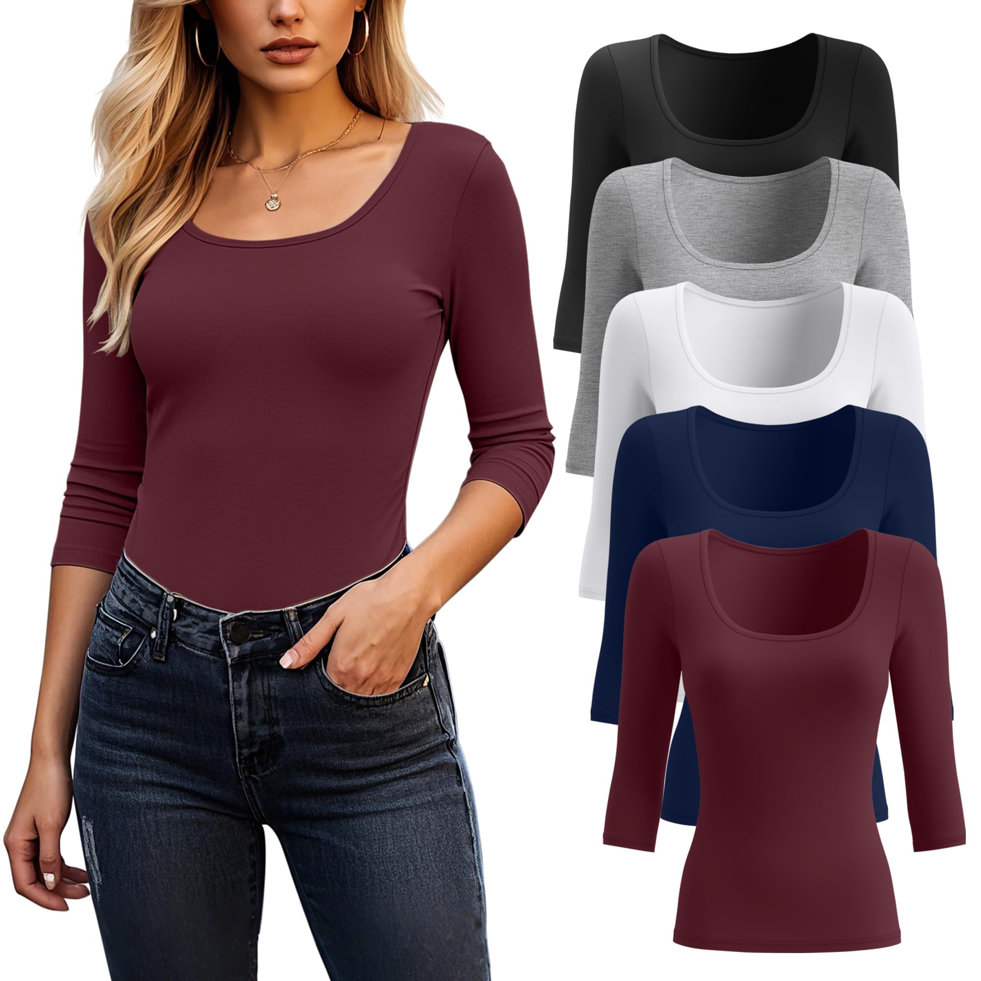 Photo 1 of **FABRIC MATERIAL IS PARTIALLLY SEE THROUGH*** Riyiper 5 Pack Women's 3/4 Sleeve Shirts, Scoop Neck Tops Stretchy Slim Fit Basic T-Shirts Casual Athletic Tees(Wine, Navy, White, Light Grey, Black,Small)