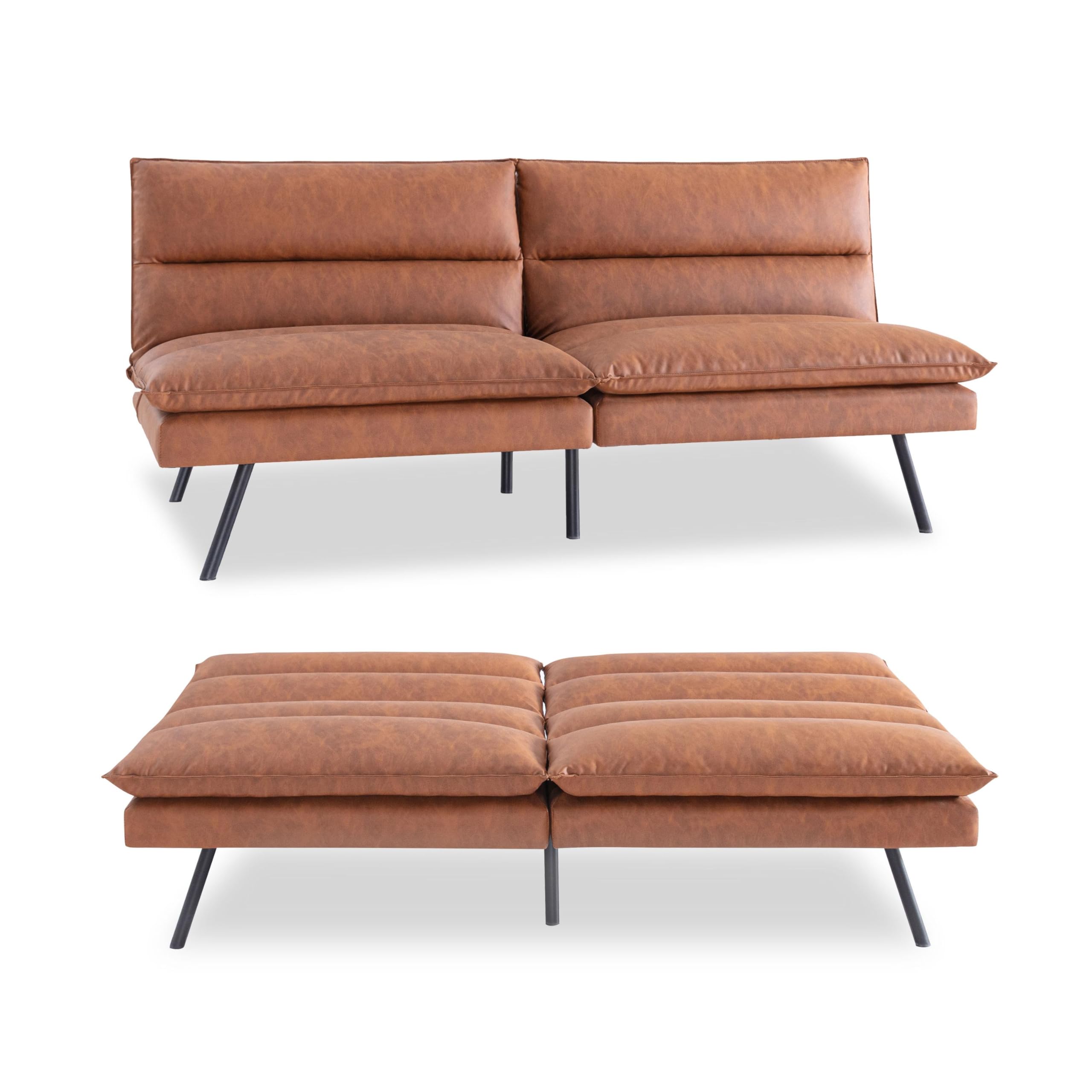 Photo 1 of Futon Sofa Bed, Memory Foam Futon Convertible Couch Bed Sleeper, Leather Futon with Adjustable Backrest, Multi-Functional Convertible Sofa Bed, Space-Saving Sleeper Sofa for Living Room, Brown-1