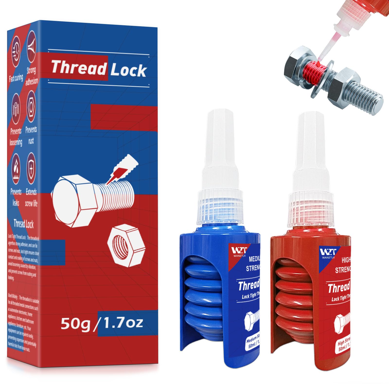 WAN2TLK 2Pack 50ml Thread Lock, Medium Strength Blue & High Strength Red Locktight Threadlock for Gap Filling and Tighten Bolts Nuts, Anti-Rust&Loosening, Self-Curing Lock Tight Thread Lock Sealant