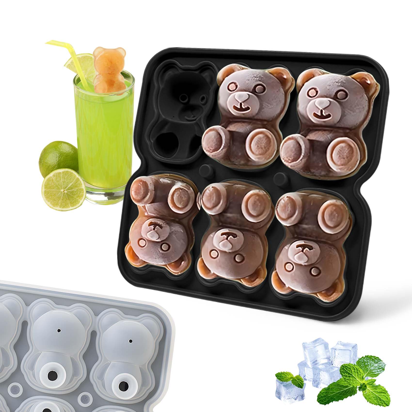 3D Bear Ice Cube Mold, Large Ice Cube Tray with Lid for Cocktail Whiskey Bourbon, Teddy Bear Ice Cube Trays for Freezer Fun Shape, Big Ice Molds Cute Candies Chocolate Mold, Black