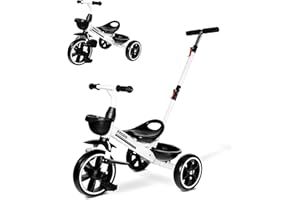 KRIDDO 2-in-1 Toddler Tricycle for Ages 18 Months to 5 Years Old - Extended Push Handle for Effortless Push, Gift Trike for Toddler 3 to 5 Year, Kids Tricycle with Foldable Front Footrest, White