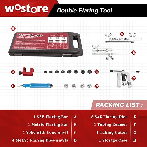 WOSTORE PROFESSIONAL BRAKE LINE FLARE KIT FOR SINGLE, DOUBLE (SAE) FLARES & BUBBLE (ISO) FLARES WITH TUBING CUTTER PIPE REAMER FOR 3/16-5/8″ 7 SIZES