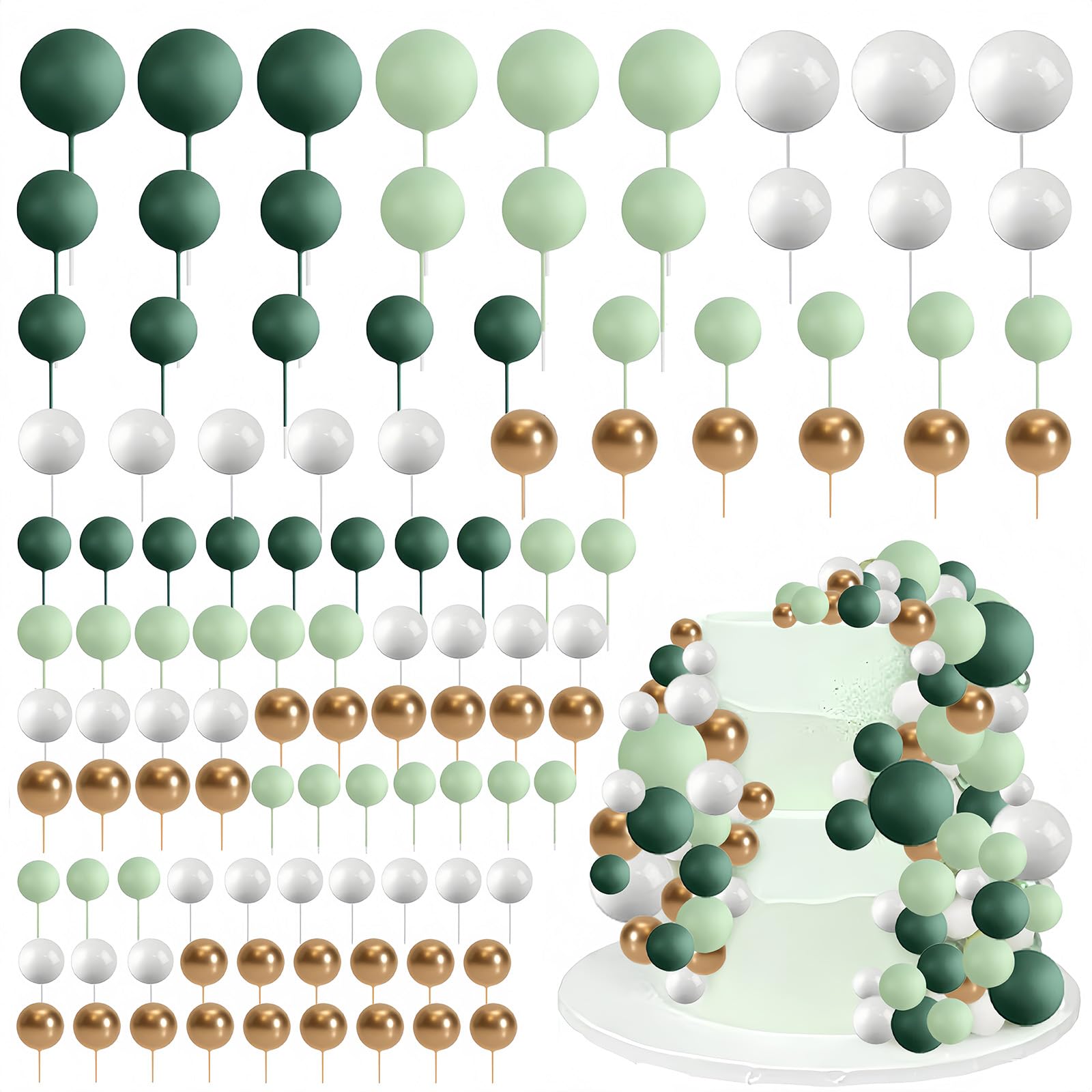 Round Ball Cake Toppers, 108 PCS Cake Balls, Ball Cake Toppers, Mini Balloons Cake, DIY Topper Insert Decoration for Wedding Party Birthday Decorating (108, Green White Gold) — image 1
