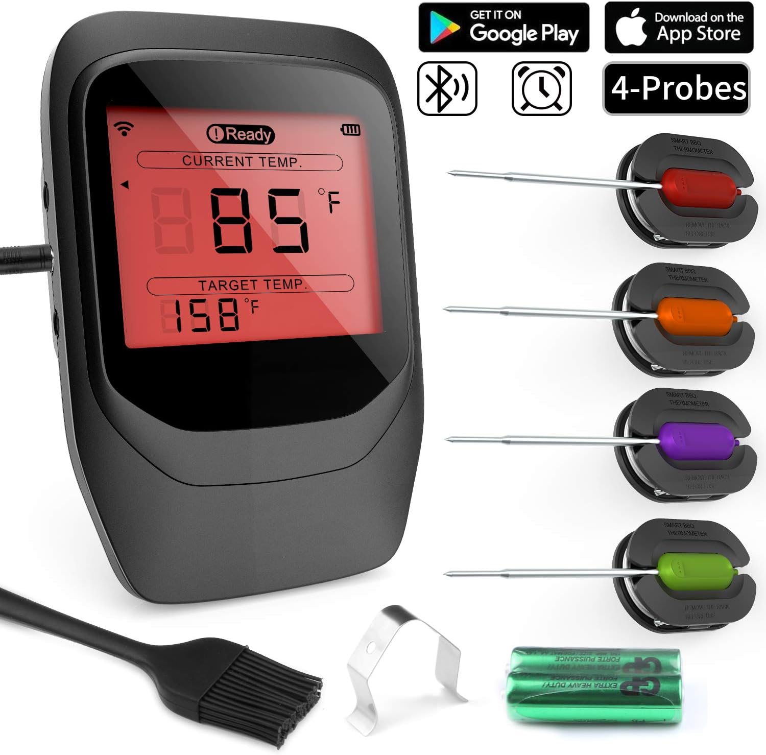 Barbecue Thermometer, Gifort Digital Meat Thermometer Bluetooth,Smart Grill Thermometer with 4 Probes & Clip Remote Monitor for Grilling, Cooking Kitchen Oven, for IOS & Android