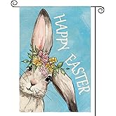 AVOIN colorlife Happy Easter Bunny Garden Flag 12x18 Inch Double Sided Outside, Rabbit Flower Yard Outdoor Decoration Blue