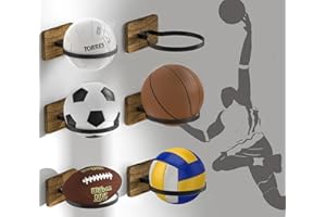 AIDILI 6 Pcs Wall Mount Basketball Holder with Wooden Base, Ball Storage Holders Display Rack for Basketball, Volleyball Collection, Sports Accessories Organizer for Player Fans, Carbon Brown
