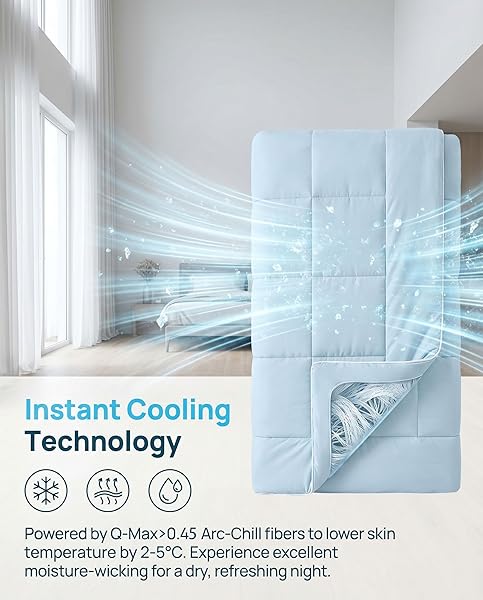 COOLING COMFORTER QUEEN SIZE, COOLING BLANKETS FOR HOT SLEEPERS AND NIGHT SWEATS, BLUE SUMMER COMFORTER FOR QUEEN SIZE BED, Q-MAX 0.45 ARC-CHILL BREATHABLE SOFT LIGHTWEIGHT SILK SMOOTH,90 X 90 INCH