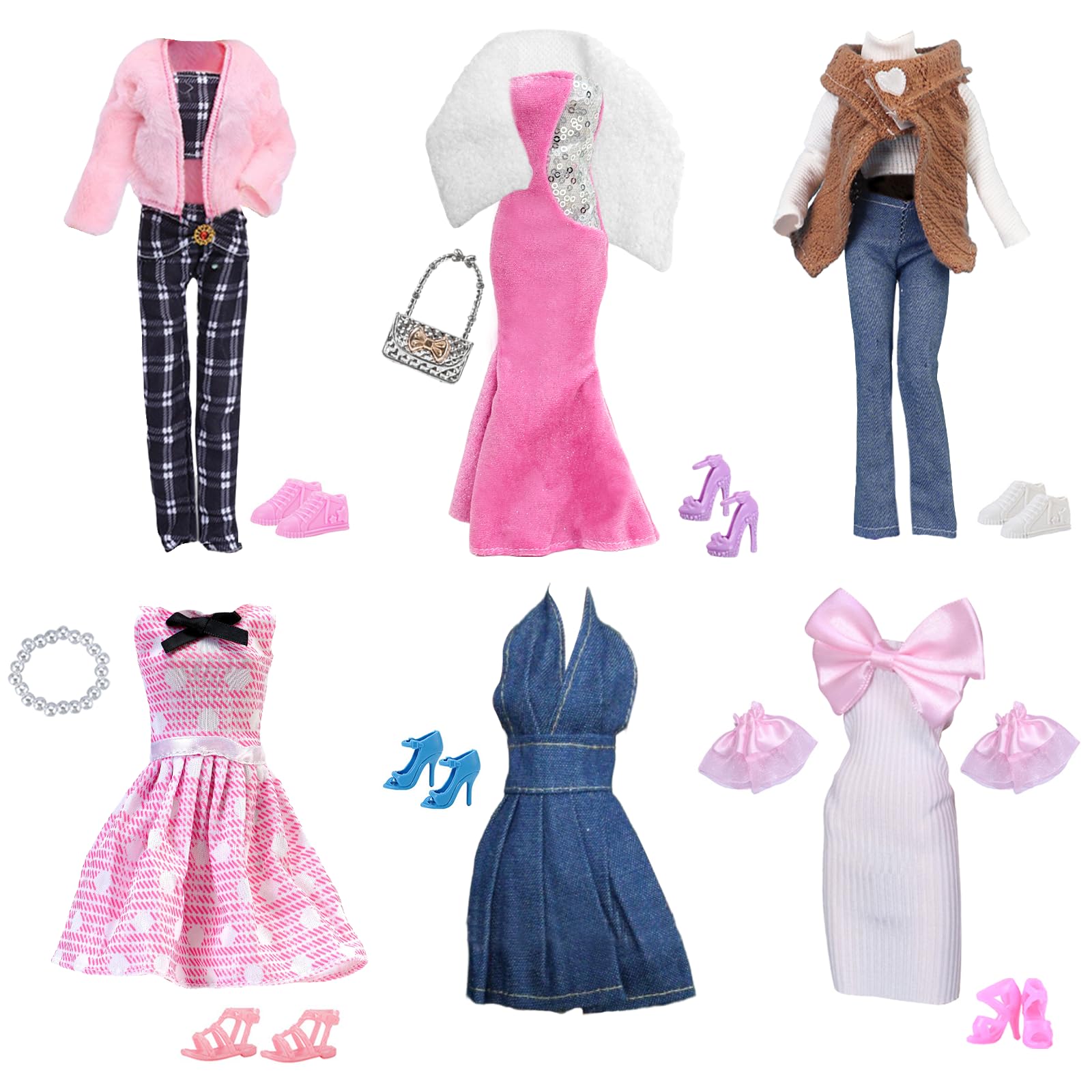 19 Doll Clothes Compatible with Barbie Doll Include Fishtail Dress Set Plush Vest Set Plush Jacket Set Polka Dots Dress Bow Dress Denim Dress 2 Accessories 7 Shoes for 11.5 Inch Dolls Girls Gift