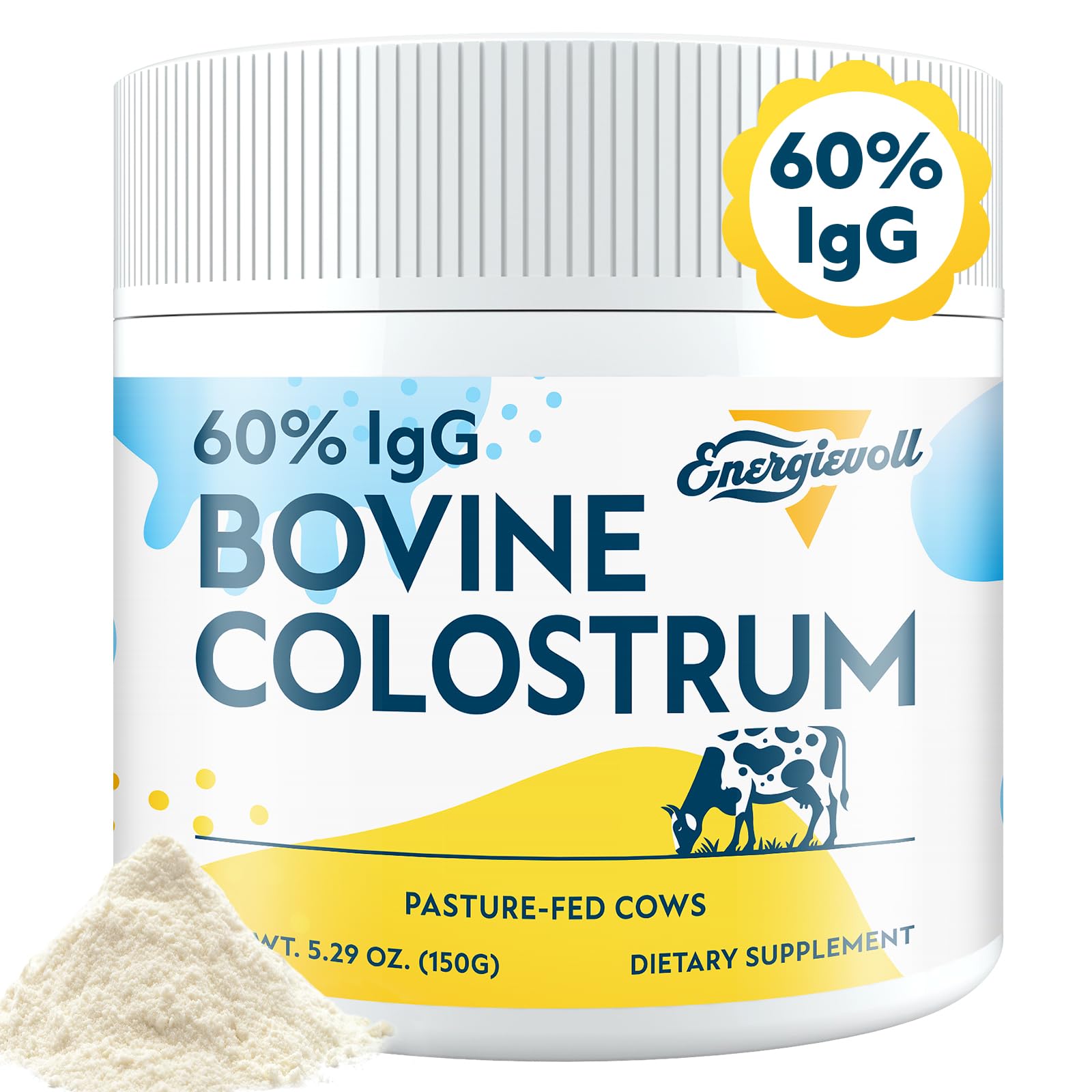 Energievoll Bovine Colostrum Supplement Powder - 60% IgG 3000 mg for Gut, Hair Growth, Beauty, and Immune, Easy to Mix, Unflavored (50 Servings) Image
