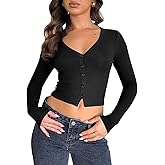 Women Long Sleeve V Neck Ribbed Crop Tight Shirts Button Down Cami Tops Slim Fit Y2k Cropped Going Out Tops
