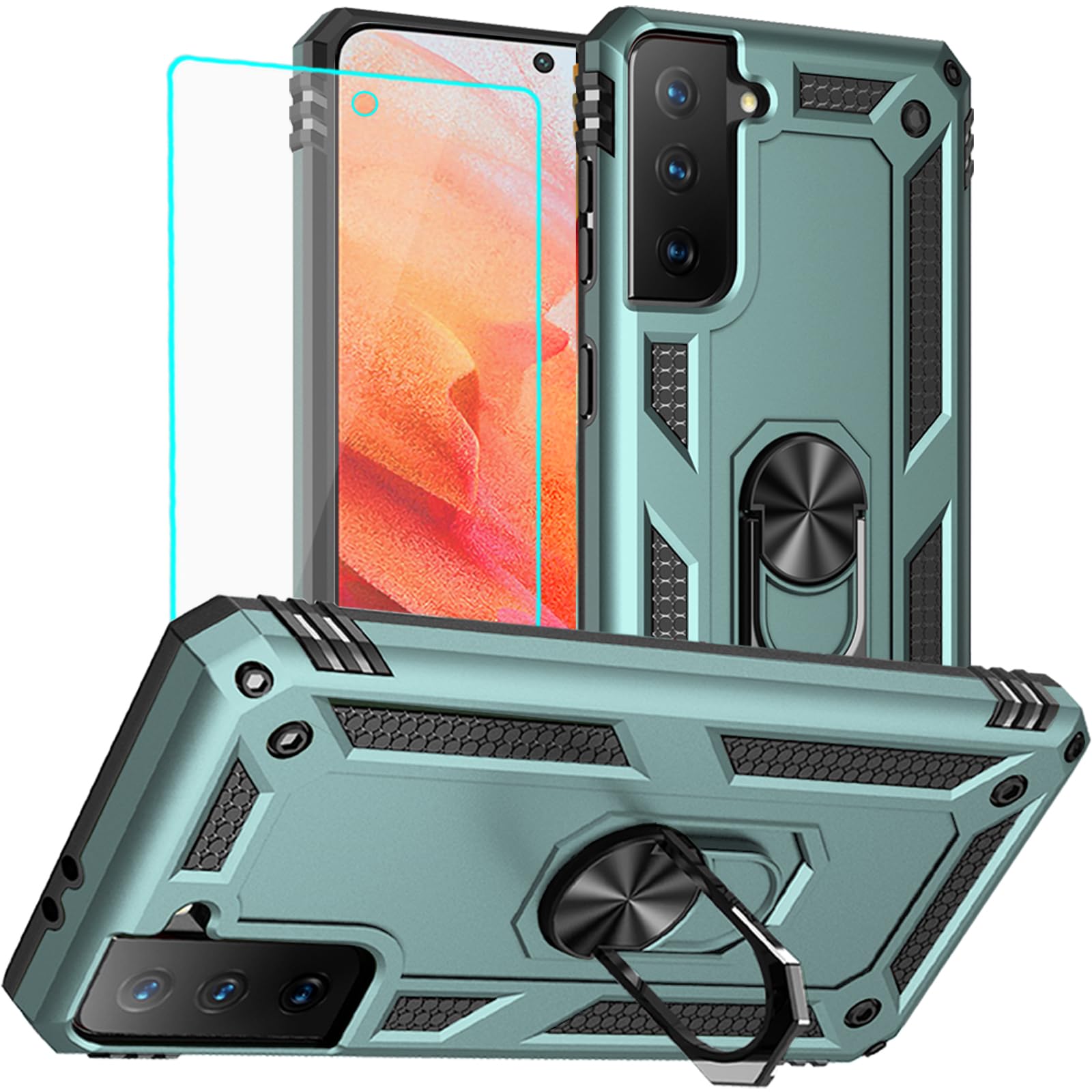 for Galaxy S21 Case: Samsung Galaxy S21 Case with HD Screen Protector - Military Grade Protective Cases with Ring for Samsung S21 (Dark Green)
