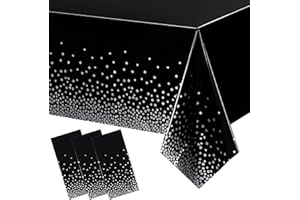 BRELING 3 Pieces Dot Tablecloth Confetti Rectangle Plastic Disposable Table Cover for Birthday Wedding Baby Shower Engagement Anniversary Bachelorette Party, 54 x 108 Inch (Black and Silver)