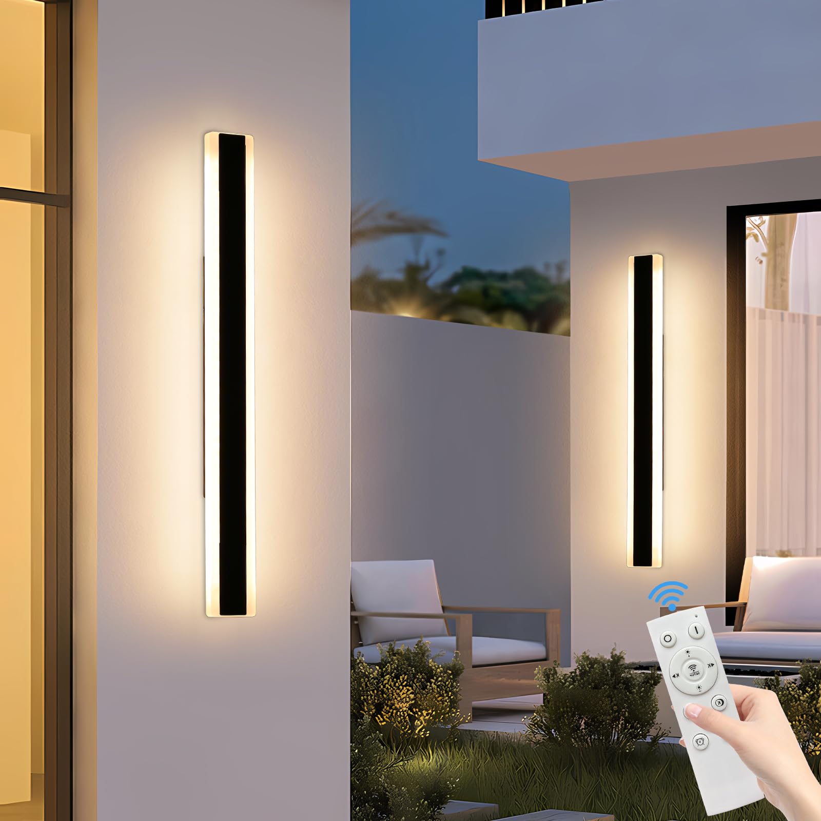 Mikeru 2 Pack 120cm Wall Light, 42W Dimmable 3000k/4500k/6500k Outdoor Wall Light with Remote Control Brightness Adjustable 10%-100%, IP65 Rain Resistant, for Courtyard, Villa, Balcony, Porch