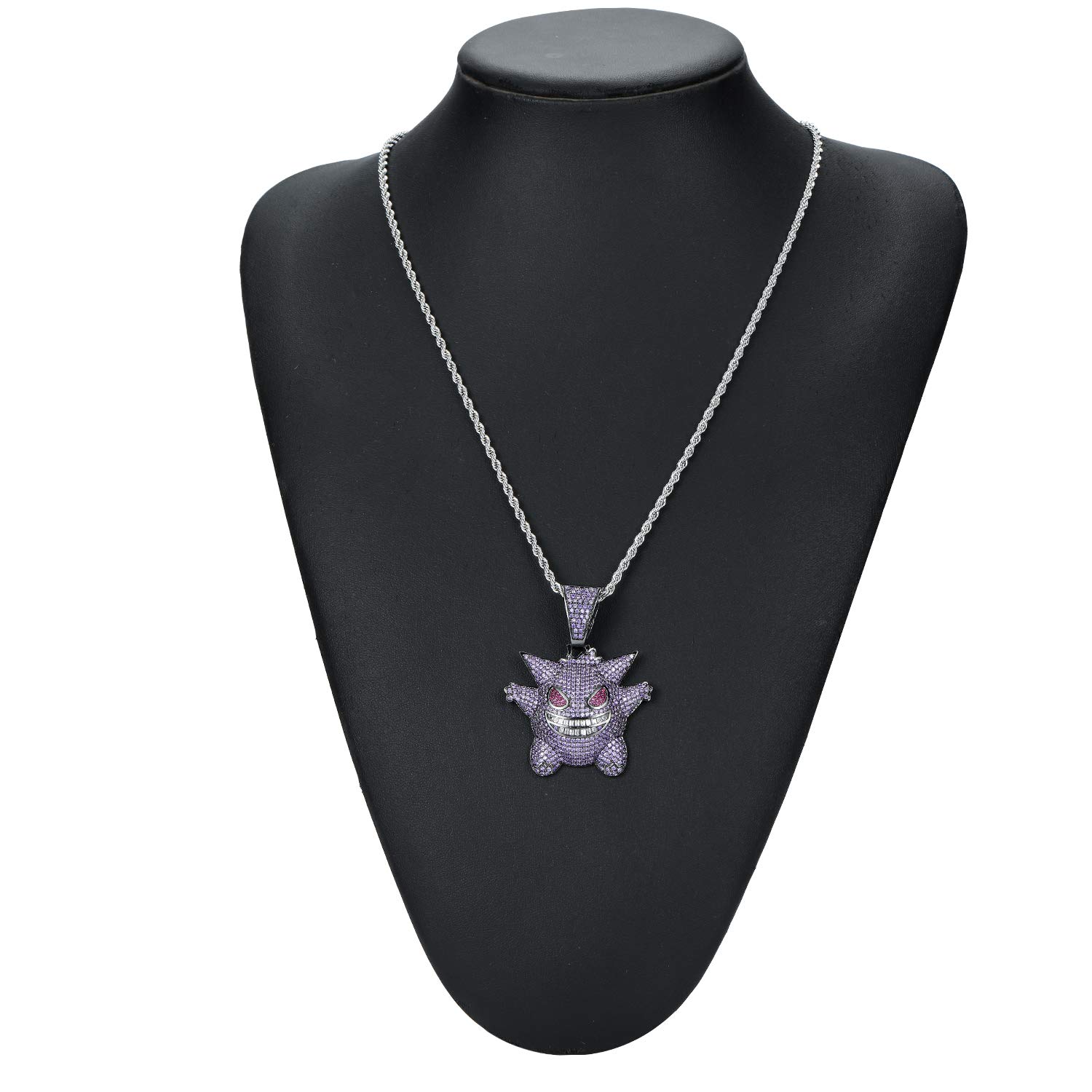 MTCLFTOO Hip Hop Gengar Pendant Jewelry Unisex Iced Out Necklace with Rope Chain+Mala Beads Bracelet Gift for Men Women-(Purple)