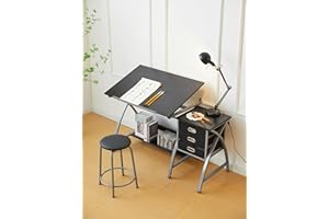 LOPOO Drafting Table Adjustable Large Desktop, Modern Metal Artist Drawing Table, Multi-Functional 0-75° Tiltable Tabletop Art Desk and Painting Station with 3 Storage Drawers and Stool, Silver Grey