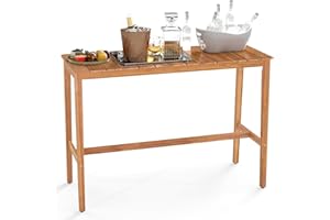 HAPPYGRILL Acacia Wood Outdoor Bar Table 55 Inch, Rectangular Pub Table with Slatted Top and Adjustable Foot Pads, for Hot Tub, Balcony, Garden and Poolside