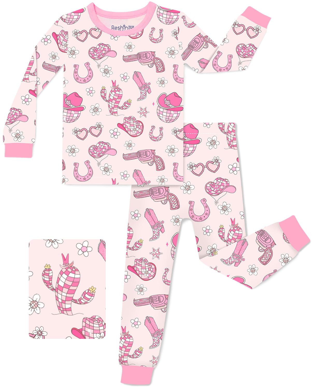 babee Reshinee Bamboo Viscose Toddler Girls Kids Pajamas Pink Rodeo Pjs Long Sleeve Snug fit 8Y 2pcs Soft Jammies