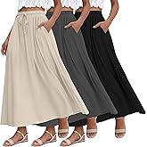 Ficerd 3 Pack Women's Maxi Long Skirts, Ankle Length a Line Elastic High Waist Summer Casual Drawstring Skirts with Pockets
