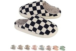 Yueerlu House Slippers for Women Men, Mens Slippers on Fuzzy House Slippers Memory Foam Checkered Slippers Scuff Outdoor Indoor Warm Plush Bedroom Shoes with Faux Fur Lining