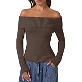 QINSEN Cotton Off The Shoulder Sweater for Women Long Sleeve Ribbed Knit Pullover Sweater Slim Fit Going Out Tops