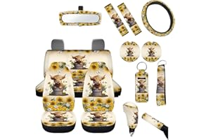 FUIBENG 14Pack Highland Cow Car Seat Covers Cow Auto Accessory Full Set+Steering Wheel Cover+Seatbelt Pads+Handbreak Cover+Vehicle Coaster+Keychain+Car Rear View Mirror Cover for Women