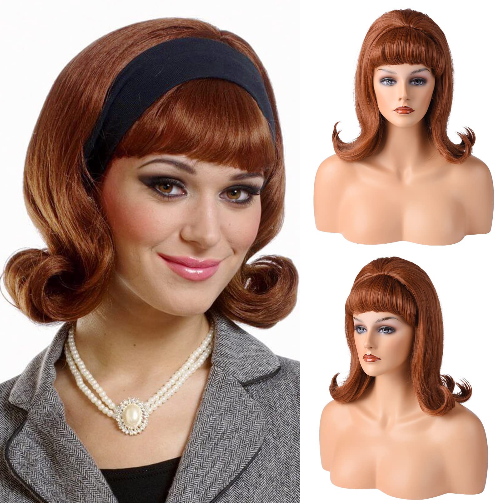 Photo 1 of LONAI Retro Brown Wig 50s 60s 70s Wig with Bangs for Women Synthetic Hair for Halloween Costume Party