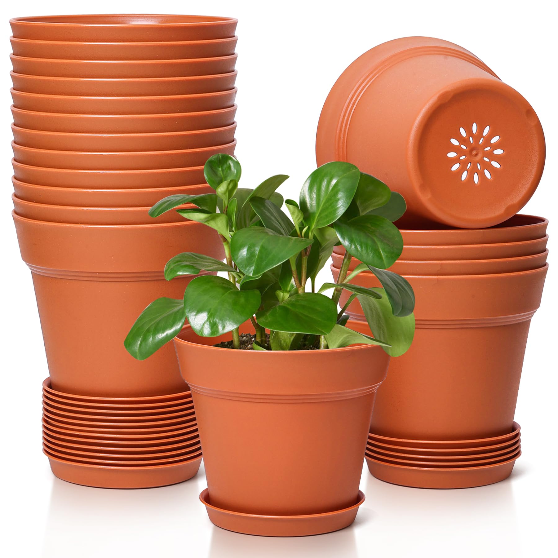 T4U Flower Pots 18-Pack, 5 Inch Plant Pot with Saucer and Drainage Hole ...