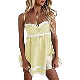 Wenrine Womens Summer Mini Dress Spaghetti Strap Sweetheart Y2K Plaid Lace Trim Tiered Beach Sundress Dresses