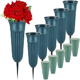 BBTO 6 Sets Cemetery Vases for Grave with Spikes, Foam, Dark Green, Taper | Memorial Headstone Decoration, Taper Design with Ground Stakes, Foam Inserts for Fresh Artificial Flowers, Outdoor Use