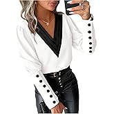 GORGLITTER Women's V Neck Work Blouse Color Block Button Long Sleeve Office Business Dressy Corporate Outfits 2026