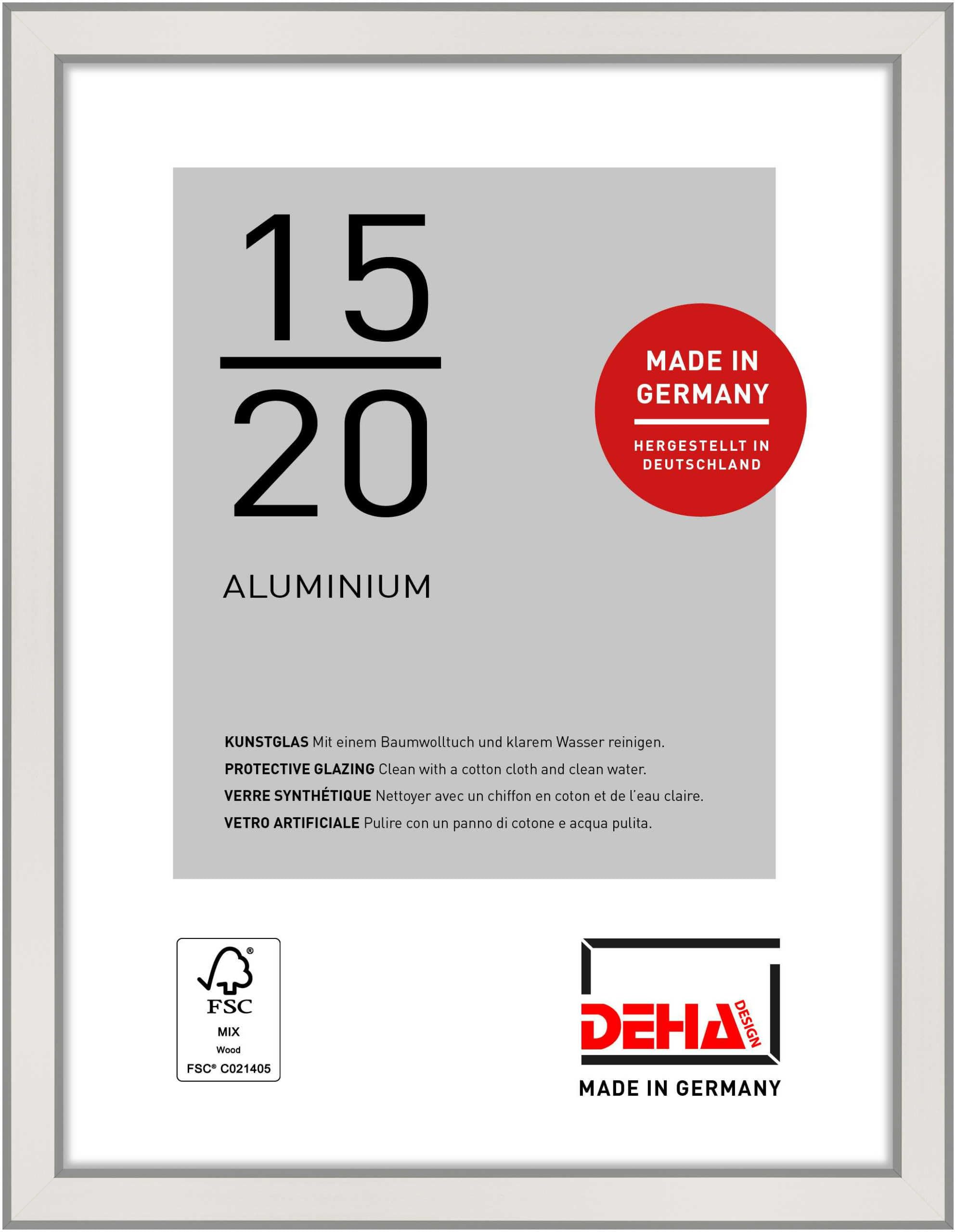DEHA Design Boston Aluminium Picture Frame - 15x20 cm (6x8 in) – Silver - with Synthetic Glass and Push/Turn Clips