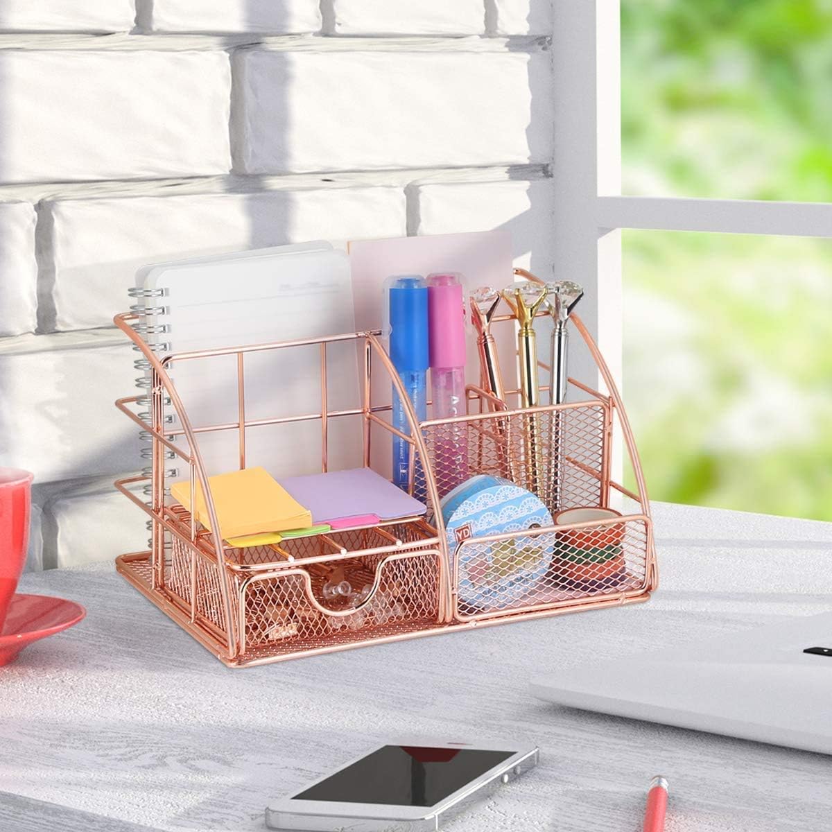 Rose Gold Desk Organizer with Drawer,File Tray and 4 Upright Sections for Pen,Marker,Paper etc, Mesh Metal Multi-Use Stationery Desktop Organizer for Office,School,Home: Home Improvement