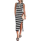 PRETTYGARDEN Summer Dresses for Women 2026 Casual Sleeveless Hollow Out Knit Side Slit Striped Beach Vacation Midi Dress