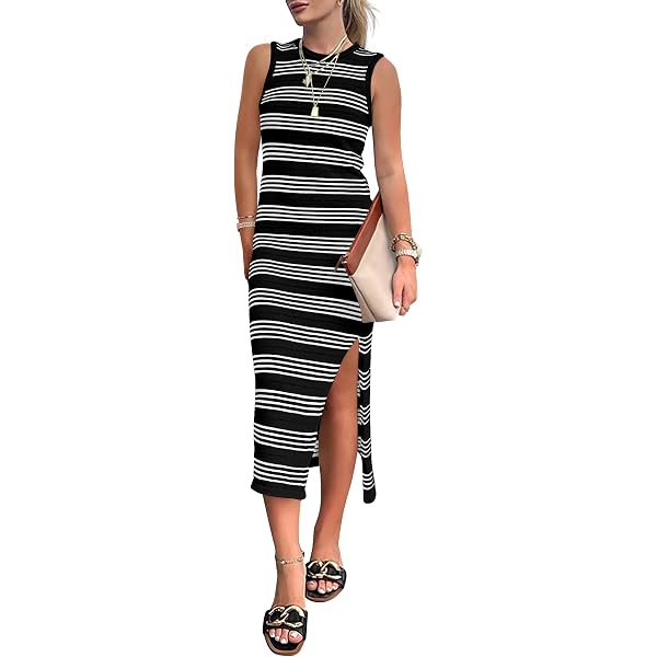 Outfeel Women's Striped Bodycon Midi Dress – Sleeveless Square Neck Ribbed Knit, Summer 2025 - View #3