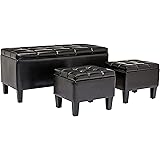FIRST HILL FHW Bergen 3-Piece Faux-Leather Storage Ottoman Bench Set, Jet Black