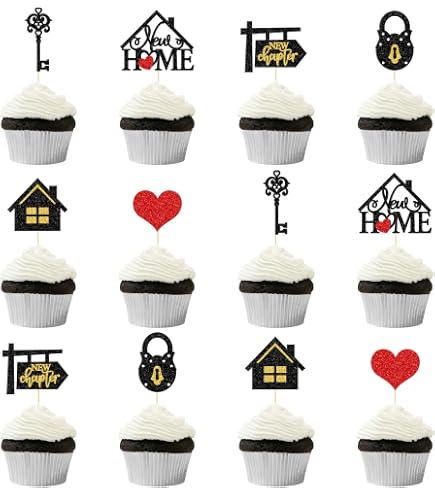 Gyufise 24PCS Sweet Home Cupcake Toppers Oro Glitter Chiave di inaugurazione della casa Cupcake Picks Nuovo Tema Casa Festa Decorazioni Forniture