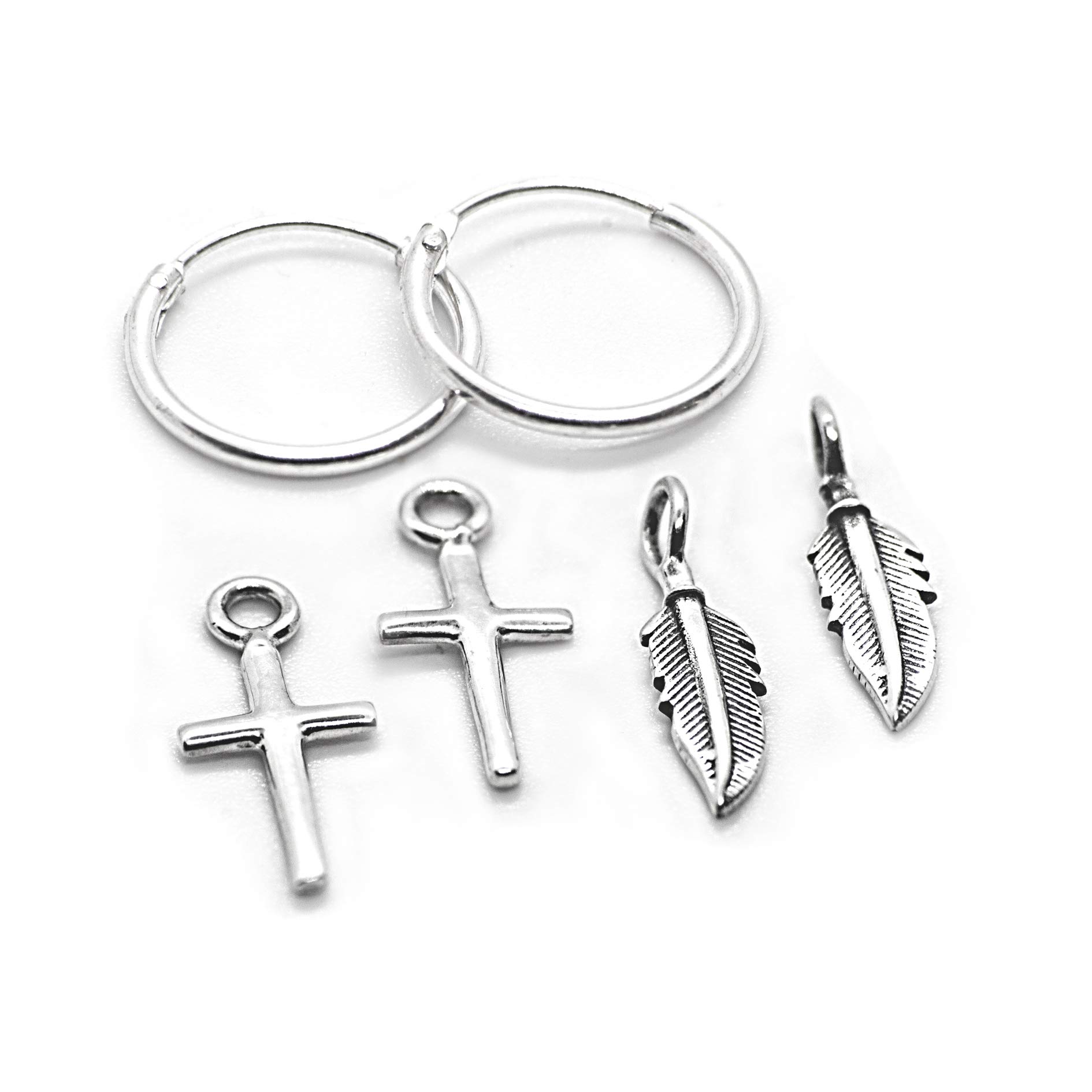 TJS 925 Sterling Silver Hoop Earrings for Women with Cross & Feather Charms, Nickel-Free, Hypoallergenic, 14mm Silver Hoop Earrings Women Men Girls