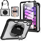 BRAECNstock Case for iPad mini 7 (A17 pro) 2024/ Mini 6 8.3", Shockproof Protective Cover with Pencil Holder, Screen Protector, 360° Rotating Hand Strap/Stand for iPad mini 7th/ 6th Generation,Black