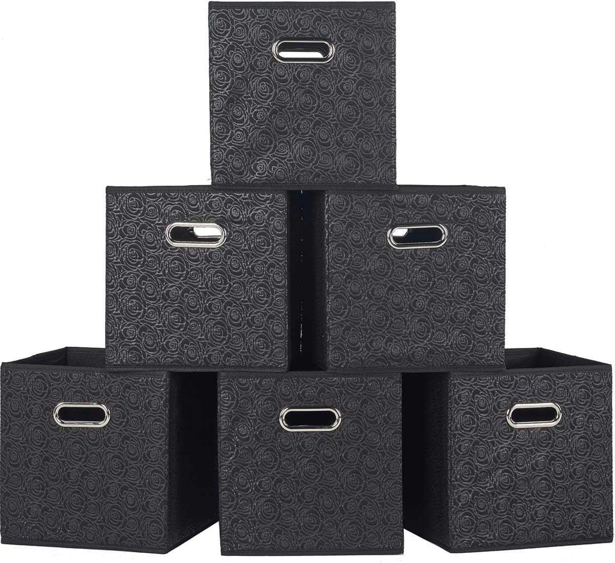 SHACO Durable Double Metal Handle Cloth Storage Cubes, Black Foldable Cube Storage Bin with Rose Print(6 Packs)