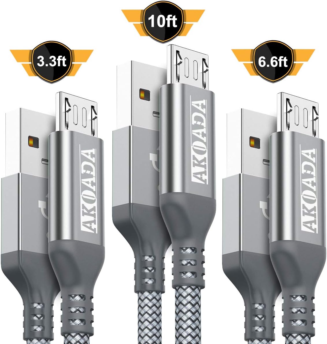 Micro USB Cable Android, AkoaDa 3-Pack (10ft+6.6ft+3.3ft) Micro USB to USB A Fast Charger Nylon Braided Cord Compatible with Samsung Galaxy S6 S7 J7 Edge Note 5, LG, Kindle, PS4, Moto G5, Sony(Grey)
